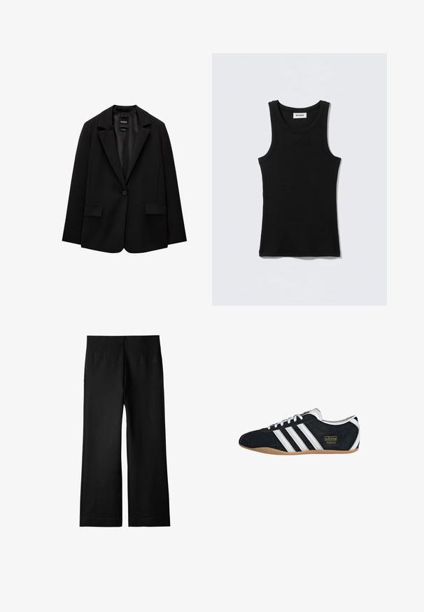 Sort blazer lavet af glat stof med enkelt knaplukning, klaplapper og to frontlommer. Minimalistisk design, skræddersyet pasform.; Sort bomuldstop med rund halsudskæring og smalle stropper. Enkelt design uden mønstre eller detaljer.; Sorte bukser med bred ben, lavet af glat, letvægts stof; har frontfolder og en lige silhuet. Afsluttet med en ren kant.; Sort ruskinds sneaker med hvide tre striber, guldlogo og en brun gummisål. Har et lavprofil snørebåndsdesign.