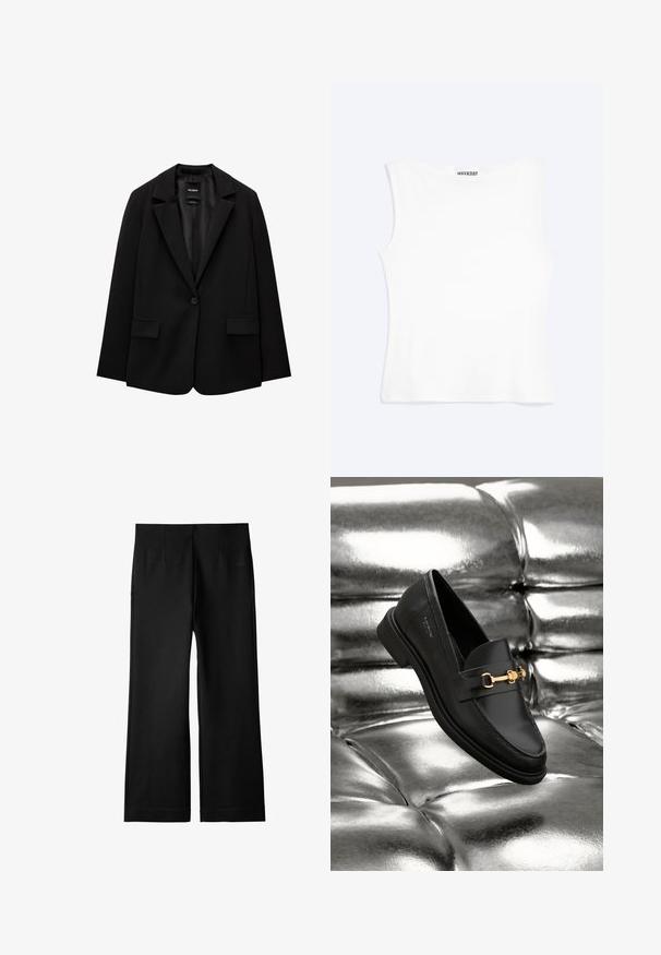 Sort blazer lavet af glat stof med enkelt knaplukning, klaplapper og to frontlommer. Minimalistisk design, skræddersyet pasform.; Hvid tætsiddende ærmeløs tanktop med rund halsudskæring og minimalistisk design, mærket "WEEKDAY" indeni kraven.; Sorte bukser med bred ben, lavet af glat, letvægts stof; har frontfolder og en lige silhuet. Afsluttet med en ren kant.; Sorte læder loafers med en guldfarvet hardware detalje. Skoen har et elegant design og en glat, skinnende overflade.