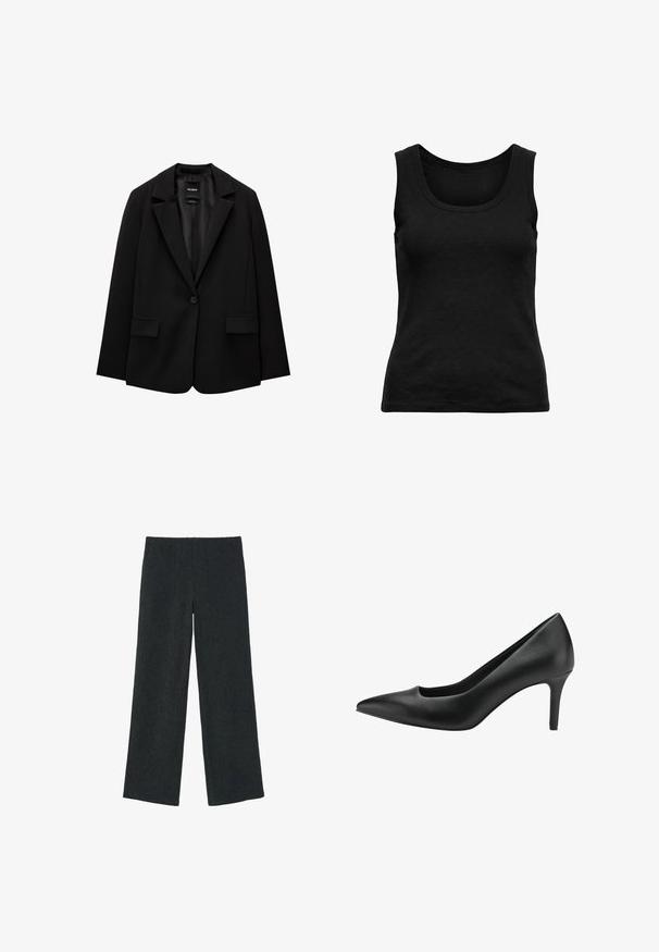 Sort blazer lavet af glat stof med enkelt knaplukning, klaplapper og to frontlommer. Minimalistisk design, skræddersyet pasform.; Sort, ribbet, ærmeløs top med rund halsudskæring, tætsiddende pasform og ensfarvet, vist fladt på hvid baggrund.; Sorte ribstrikkede viddebenbukser med elastisk linning, fladt forstykke og lige kant, vist på hvid baggrund.; Sort læder højhælet sko med spidse tå, der har et udskæringsdesign og en slank stiletto hæl. Glat tekstur og strømlinet silhuet.