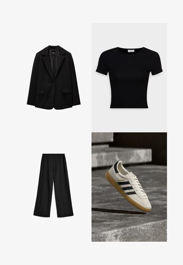 Schwarzer Blazer aus glattem Stoff mit einem Knopfverschluss, abgesetztem Revers und zwei vorderen Taschen. Minimalistisches Design, taillierte Passform.; Schwarz, kurzärmliges T-Shirt aus glattem Baumwollstoff, mit rundem Ausschnitt und figurbetontem Schnitt. Minimalistisch ohne sichtbare Muster.; Schwarze, weit geschnittene Hose aus weichem, dehnbarem Stoff. Elastischer Bund mit Taschen an den Seiten. Klare Linien und glatte Oberfläche.; Weißer Adidas Spezial Sneaker mit schwarzen Streifen und Kautschuksohle, der über grauen Steinstufen im Freien schwebt.