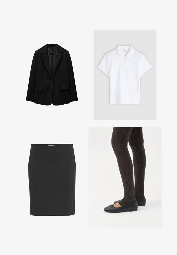 Sort blazer lavet af glat stof med enkelt knaplukning, klaplapper og to frontlommer. Minimalistisk design, skræddersyet pasform.; Hvid kortærmet ribbet poloshirt med krave og fire knapper, lagt fladt ud på en lysegrå baggrund.; Sort knælængde pencilskørt med lige pasform og lynlås i siden.; Ben iført mørke ribbede leggings kombineret med sorte balletsko med små sløjfedetaljer på hvid baggrund.