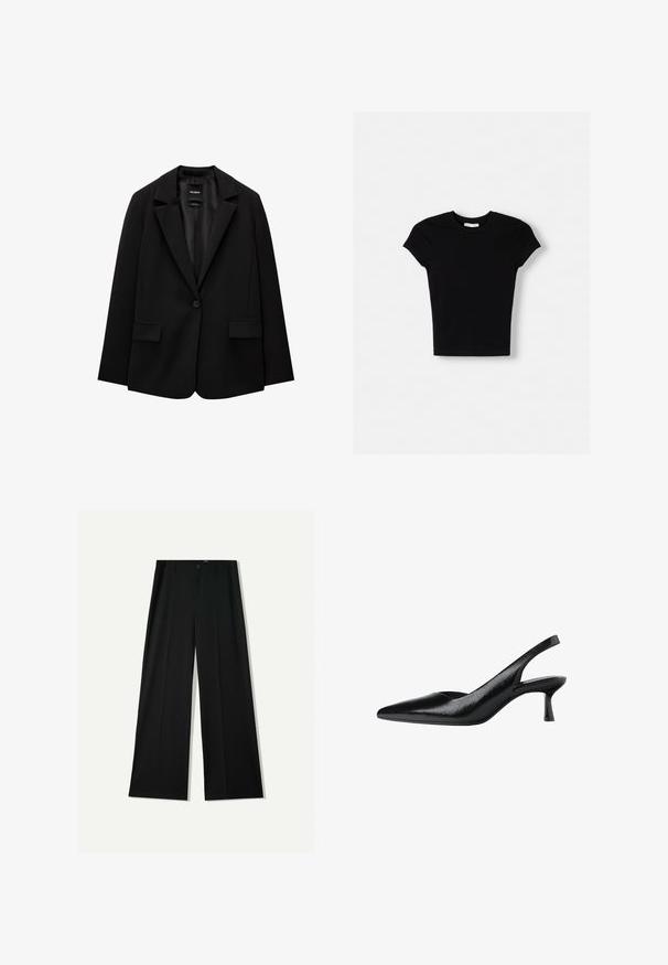 Sort blazer lavet af glat stof med enkelt knaplukning, klaplapper og to frontlommer. Minimalistisk design, skræddersyet pasform.; Sort kortærmet t-shirt lavet af bomuld. Tætsiddende design, rund hals og glat tekstur. Ingen mønstre eller ekstra hardware synligt.; Bershka WIDE - Bukser - black; Sorte slingback pumps med spids tå, lavet af tekstureret syntetisk materiale, med en slank hæl og et åbent sides_design.