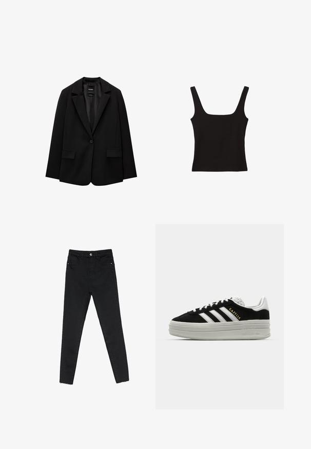 Sort blazer lavet af glat stof med enkelt knaplukning, klaplapper og to frontlommer. Minimalistisk design, skræddersyet pasform.; Sort tanktop med firkantet udskæring, lavet af glat bomuldsstof, med brede stropper og en tætsiddende silhuet.; Sorte skinny jeans lavet af denim, med høj talje, fem-lomme design og rå kant ved anklerne. Klassisk knap- og lynlåslukning.; Sort ruskind sneaker med hvide læderdetaljer, tre hvide striber, flade snørebånd og en tyk grå platformsål. Guldfarvet "Gazelle" branding.