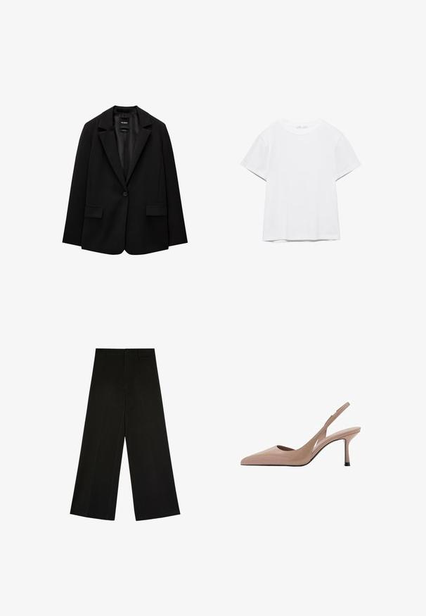 Zwarte blazer van gladde stof met een enkele knoopsluiting, notch-lapels en twee voorzakken. Minimalistisch ontwerp, getailleerde pasvorm.; Effen wit T-shirt met korte mouwen en ronde hals, met een rechte zoom, gepresenteerd tegen een witte achtergrond.; Zwarte wijde broek met knoop- en ritsluiting, riemlussen en voorplooi-details, plat liggend op een witte achtergrond.; Naakte slingback hakken met een spitse neus, een gladde textuur en een dunne stilettohak. Uitsnijdingen aan de zijkant geven een unieke uitstraling.