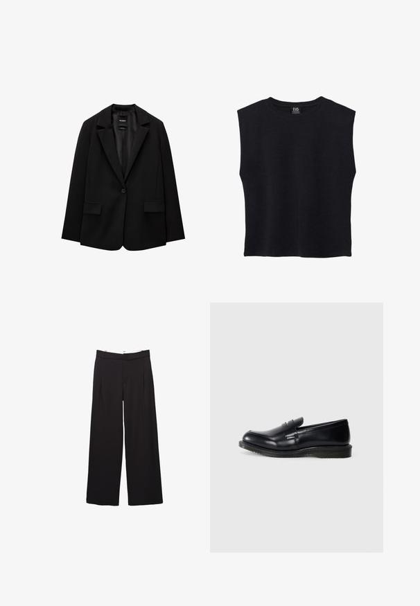 Zwarte blazer van gladde stof met een enkele knoopsluiting, notch-lapels en twee voorzakken. Minimalistisch ontwerp, getailleerde pasvorm.; Zwart mouwloos shirt met ronde hals, rechte zoom en een B5-merklabel aan de binnenzijde van de achterkraag.; Zwarte broek met wijde pijpen, voorplooien en riemlussen, getailleerde pasvorm, taille op middenhoogte en een verborgen sluiting aan de voorkant.; Zwarte leren instapper met een gladde afwerking, ronde neus en gestikte details op de voorkant, met een gestructureerde rubberen zool voor grip.
