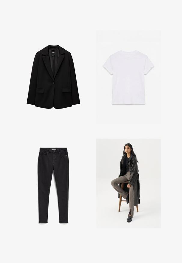 Zwarte blazer van gladde stof met een enkele knoopsluiting, notch-lapels en twee voorzakken. Minimalistisch ontwerp, getailleerde pasvorm.; Effen wit katoenen T-shirt met korte mouwen en ronde hals, plat gelegd op een witte achtergrond.; Zwarte skinny jeans gemaakt van denim; vijf-pocket ontwerp met een rits en knoopsluiting. Heeft een subtiele textuur en een schone, minimalistische stitching.; Zwarte leren trenchcoat met knopen en riemdetails, gecombineerd met lichtbruine getailleerde broek en zwarte loafers, zittend op een houten kruk.