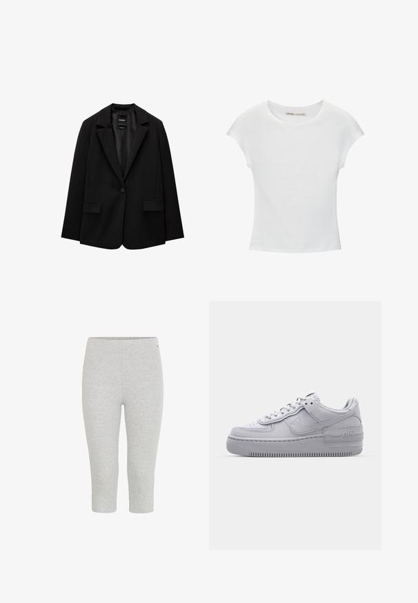 Sort blazer lavet af glat stof med enkelt knaplukning, klaplapper og to frontlommer. Minimalistisk design, skræddersyet pasform.; Hvid bomuld t-shirt med korte, opsmøgede ærmer, rund halsudskæring og lige kant. Glat tekstur uden synlige mønstre eller detaljer.; Grå strækbare capri leggings med en glat tekstur og en elastisk talje, der har en tætsiddende pasform uden synlige mønstre eller accenter.; Grå Nike Air Force 1 sneakers med perforeret tå, glat læderoverdel, tyk sål og præget 'AIR' detalje på hælen.