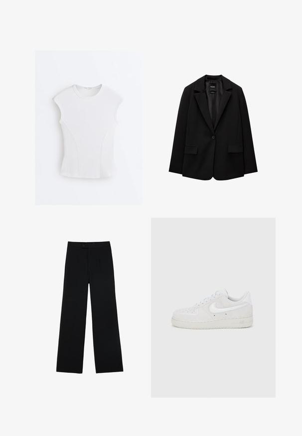 Schwarzer Blazer aus glattem Stoff mit einem Knopfverschluss, abgesetztem Revers und zwei vorderen Taschen. Minimalistisches Design, taillierte Passform.; Weißes, geripptes ärmelloses Oberteil mit rundem Ausschnitt und geschwungenen Nahtdetails auf einem einfarbigen weißen Hintergrund.; Schwarze weit geschnittene Hosen aus glattem Stoff, mit einem Frontknopfverschluss und zwei Falten für zusätzliche Details. Maßgeschneiderter Gesamteindruck.; Weißer Nike Air Force 1 Sneaker aus Wildleder mit strukturierter Oberfläche, rundem Zehenbereich und kontrastierendem weißen Logoakzent, ausgestattet mit einer Gummisohle.