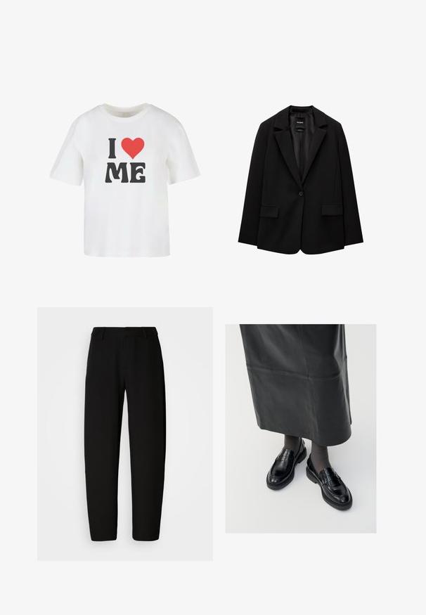 Schwarzer Blazer aus glattem Stoff mit einem Knopfverschluss, abgesetztem Revers und zwei vorderen Taschen. Minimalistisches Design, taillierte Passform.; Weißes Baumwoll-T-Shirt mit kurzen Ärmeln, das in fetter schwarzer Schrift "I," ein rotes Herz und "ME" in einer informellen Schriftart zeigt.; Schwarze Hose mit einer glatten Textur, geradem Bein-Design und flachem Bund. Verfügt über minimale Nähte und keine sichtbaren Beschläge.; Schwarze Lederloafers mit glatter Oberfläche, verziert mit einem dekorativen Riemen, runder Zehenpartie und texturierten Sohlen. Getragen mit einem langen schwarzen Lederrock.