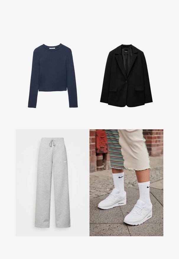 Sort blazer lavet af glat stof med enkelt knaplukning, klaplapper og to frontlommer. Minimalistisk design, skræddersyet pasform.; Mørkeblå langærmet cropped skjorte med rund hals, præsenteret fladt på en hvid baggrund.; Grå sweatpants med elastisk talje, snor detaljer og et lille hvidt Nike-logo på venstre lår. Blødt stof, løs pasform.; Hvide Nike Air Max 90 sneakers med mesh og læderoverdel, der har en synlig luftenhed, parret med hvide ribbede sokker med sort logo.