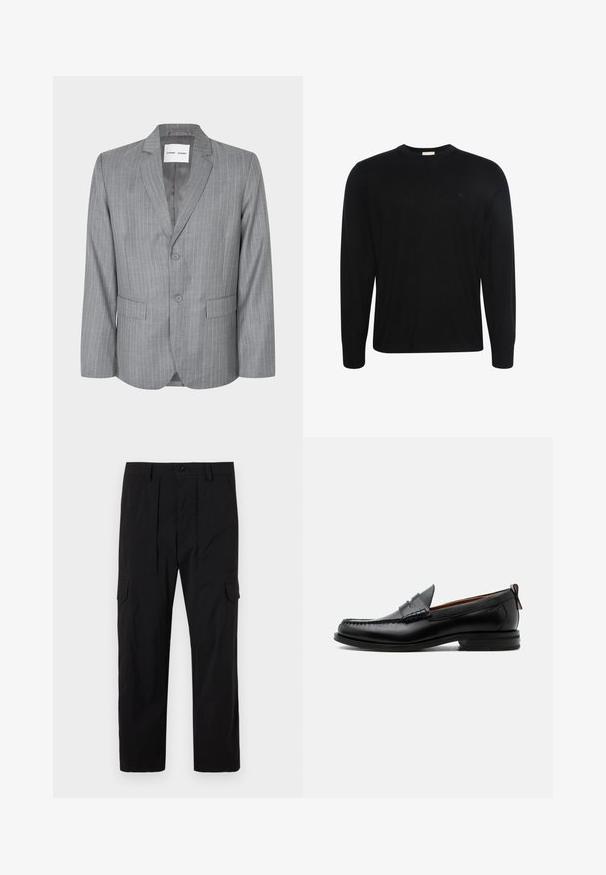 Blazer gris con rayas finas, diseño de un solo botón, dos bolsillos frontales y cuello con muesca. Forro interior suave, cierre de dos botones.; Jersey negro de manga larga con cuello redondo, tela con textura sutil y pequeño logo bordado en el pecho izquierdo.; Pantalones cargo negros hechos de tejido ligero, con un diseño de pierna recta, pliegues delanteros, bolsillos laterales y cierre de botón.; Mocasín de hombre de piel negra con costura moc toe, tira penny, cuello texturizado y tacón bajo apilado sobre fondo blanco.