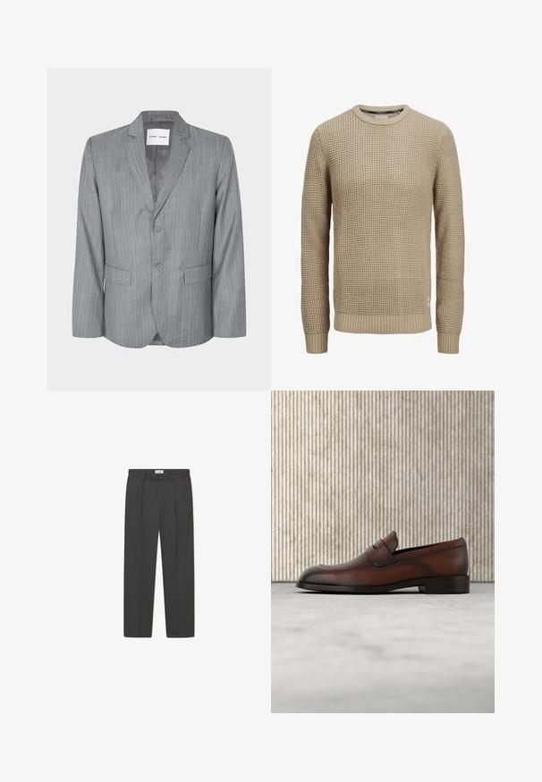 Blazer gris à rayures fines avec un design à boutonnage simple, deux poches avant et un col cranté. Doublure intérieure lisse, fermeture à deux boutons.; Pull en tricot beige à manches longues avec motif gaufré texturé, encolure ronde, poignets et ourlet côtelés.; Pantalons taillés gris avec un motif à carreaux subtil, un tissage texturé et des plis à l'avant, comportant une taille avec passants de ceinture.; Mocassin pour homme en cuir marron avec devant perforé et détail de bride, positionné sur un tapis beige, avec une table ronde brillante marron en arrière-plan.