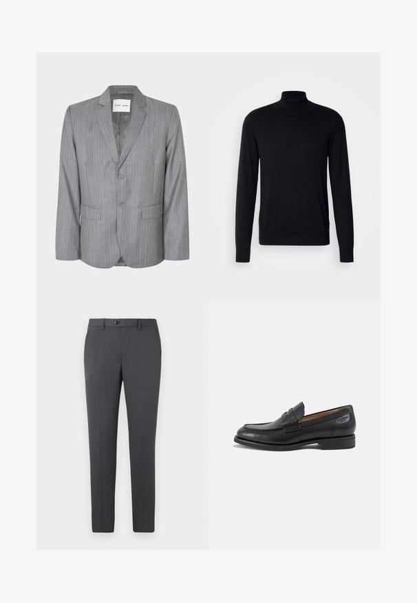 Grijze blazer met streepdessin, met een enkelvoudige knopening, twee voorkruiken en een gelapt kraag. Glad binnenvoering, sluiting met twee knopen.; Zwarte coltrui van zacht materiaal. Heeft lange mouwen, ribgebreide kraag en manchetten, met een gladde textuur en zonder patronen.; Grijze broek gemaakt van gladde stof, met een rechte pasvorm, knoopsluiting, riemlussen en zijzakken. Eenvoudig en functioneel ontwerp.; Zwarte leren herenloafer met gestikte details, lage gestapelde hak en een smalle band over de bovenzijde, zijaanzicht op een witte achtergrond.