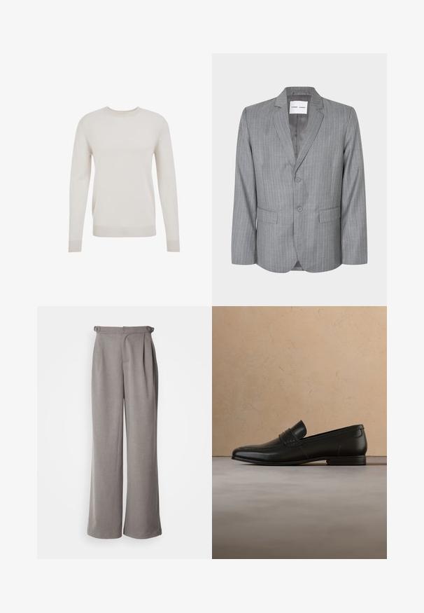 Blazer gris à rayures fines avec un design à boutonnage simple, deux poches avant et un col cranté. Doublure intérieure lisse, fermeture à deux boutons.; Sweater en maille crème, col rond, manches longues, avec poignets et ourlet côtelés. Texture douce, design simple et matériau léger.; Pantalons larges gris clair en tissu tissé. Comprend des plis à la taille et des passants pour ceinture. Texture lisse et design à longueur complète.; Mocassin en cuir noir présenté en lévitation au-dessus d'un tapis beige avec un canapé beige en arrière-plan.