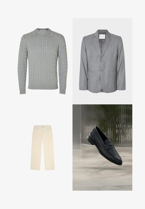 Blazer gris à rayures fines avec un design à boutonnage simple, deux poches avant et un col cranté. Doublure intérieure lisse, fermeture à deux boutons.; Pull en tricot gris clair avec un motif torsadé, col rond et poignets et ourlet côtelés. Confectionné en tissu doux et texturé.; Pantalons en velours côtelé beige avec une coupe droite, dotés de deux poches avant et d'une texture ribbée subtile. Comprend des accents en métal.; Mocassin en cuir noir à finition lisse, bout pointu et détails cousus sur le dessus. Talon bas et design minimaliste.