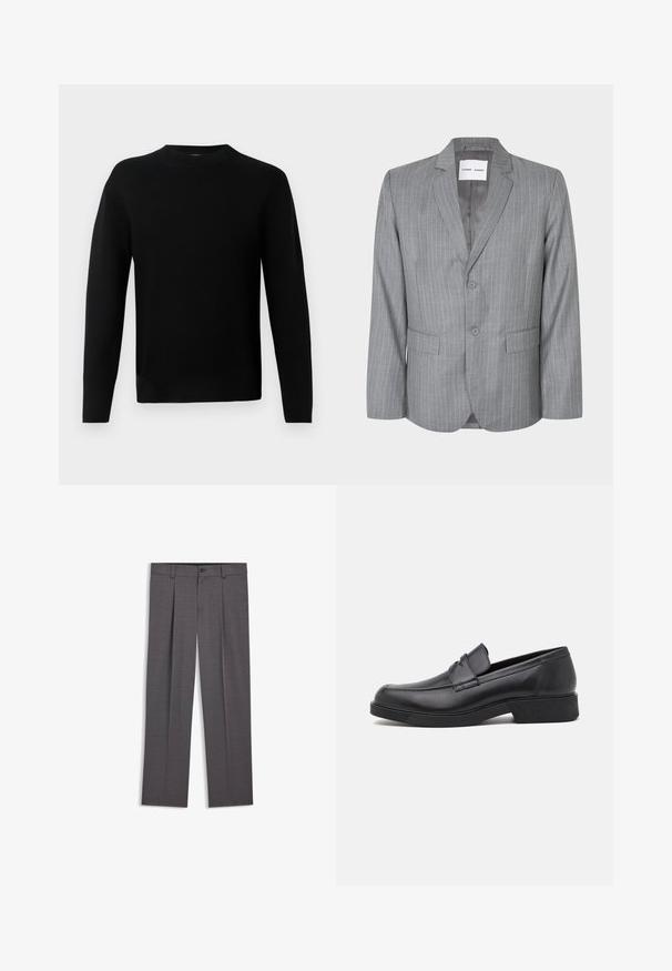 Blazer gris con rayas finas, diseño de un solo botón, dos bolsillos frontales y cuello con muesca. Forro interior suave, cierre de dos botones.; Suéter negro de manga larga y cuello redondo con una silueta ceñida, hecho de un tejido de punto suave, mostrado sobre un fondo gris claro.; Pantalones grises con estampado y tejido texturizado, con diseño de pierna recta, dos pliegues frontales y cierre de botón en la cintura.; Mocasín de cuero negro con punta redondeada y detalles de costura. Cuenta con una suela plana y un ligero tacón para mayor elevación.