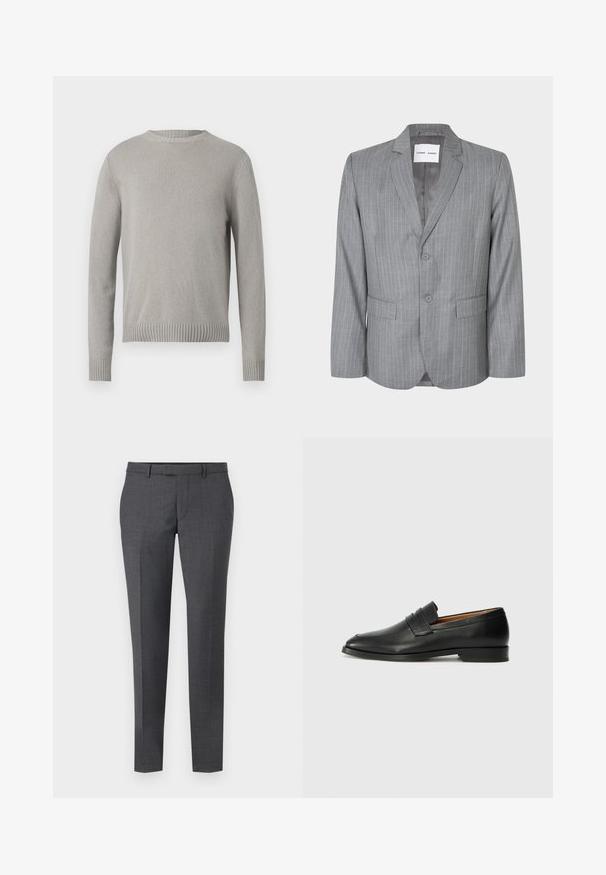 Grå slipsstribet blazer med en enkeltbrystet design, to frontlommer og en spidse krave. Glat indvendig foring, lukning med to knapper.; Lys grå strikket sweater med rund halsudskæring, ribbede manchetter og kant. Har et struktureret stof i en ensfarvet farve uden mønstre.; Grå skræddersyede bukser med en glat tekstur, lige pasform, flad front og bæltesløjfer. Har et subtilt ternet mønster og en kant ned foran.; Sort læder loafer med rund tå, diskret syning, og lav hæl, der har en glat tekstur og minimalistisk design.