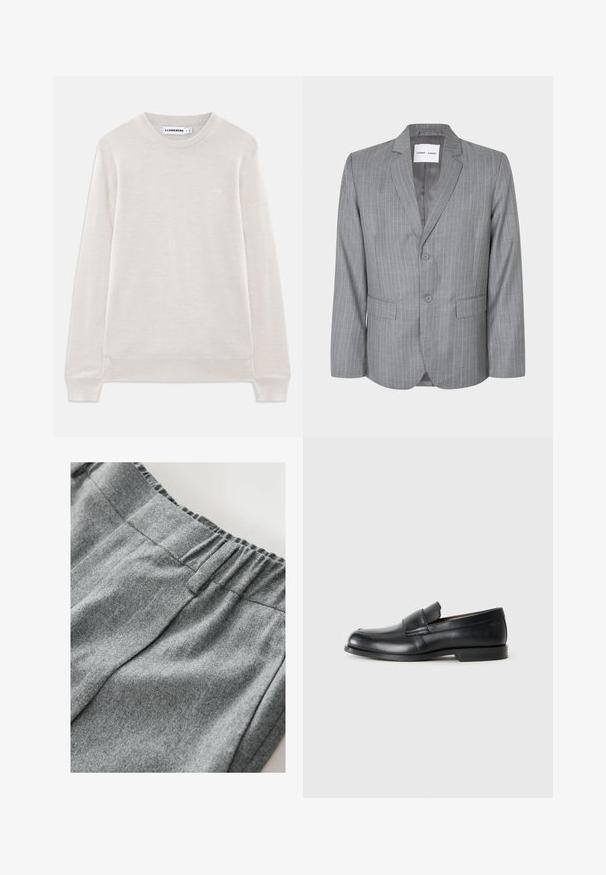 Harmaa raidallinen bleiseri, jossa on yksirivinen muotoilu, kaksi etutaskua ja lovettu kaulus. Sileä sisävuori, kaksinappinen kiinnitys.; Vaaleanbeige pitkähihaisessa crewneck-neuleessa on röyhelökaulus ja -helma, hienovarainen logo vasemmassa rintapielessä ja J.Lindeberg -etiketti kauluksessa.; Harmaa collegekangas, jossa on pehmeä pinta, joustava vyötärö ja hienovaraisia ompeluyksityiskohtia. Lähikuva materiaalista.; Mustat nahkaloaferit pyöristettyjen varpaiden kanssa, joissa on ommeltu yksityiskohtia ja tasaiset kumipohjat. Omistaa leveän nauhan jalkapöydän yli.
