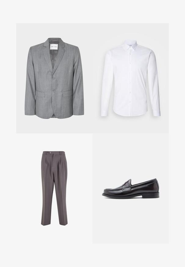 Grijze blazer met streepdessin, met een enkelvoudige knopening, twee voorkruiken en een gelapt kraag. Glad binnenvoering, sluiting met twee knopen.; Witte lange mouwen knoopshirt gemaakt van gladde katoenstof, met een klassieke kraag, knoopsluiting en een gebogen zoom.; Grijze geplooide broek gemaakt van gladde stof, met een rechte pijpdesign, een enkele knoopsluiting en schuine zijzakken.; Donkerbruine leren loafers met een gladde afwerking, lage hak en decoratief stiksel op de neus. Klassiek ontwerp met een afgeronde silhouet.