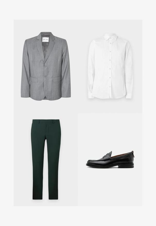 Grå slipsstribet blazer med en enkeltbrystet design, to frontlommer og en spidse krave. Glat indvendig foring, lukning med to knapper.; Hvid langærmet skjorte med knapper, lavet af bomuld. Har en spids krave og et lille broderet logo på brystet. Glat tekstur.; Mørkegrønne bukser med en lige ben-design, lavet af et glat stof. Har en flad front og standard talje med bæltesløjfer.; Sort læder herre loafer med moc-tå syning, penny strop, struktureret krave og lav stablet hæl på hvid baggrund.