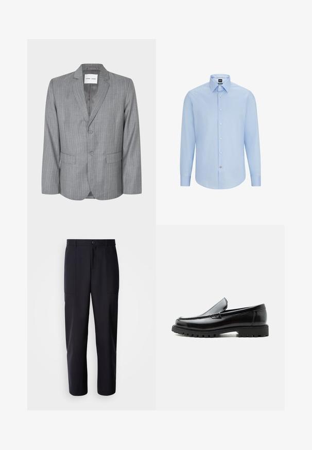 Grau gestreifter Blazer mit einem einreihigen Design, zwei vorderen Taschen und einem Reverskragen. Glattes Innenfutter, Zwei-Knopf-Verschluss.; Himmelblaues, langärmliges Hemd mit Knopfleiste und klassischem Kragen, aus glattem Stoff gefertigt. Mit weißen Knöpfen an der Vorderseite und an den Manschetten.; Dunkelblaue Hosen aus glattem Stoff, mit geradem Bein-Design, zwei Seiten Taschen und einem Knopfverschluss an der Taille.; Schwarzer Lederloafer mit grober Gummisohle, genähter Oberseite und geprägtem Markennamen an der Ferse, seitlich auf weißem Hintergrund gezeigt.