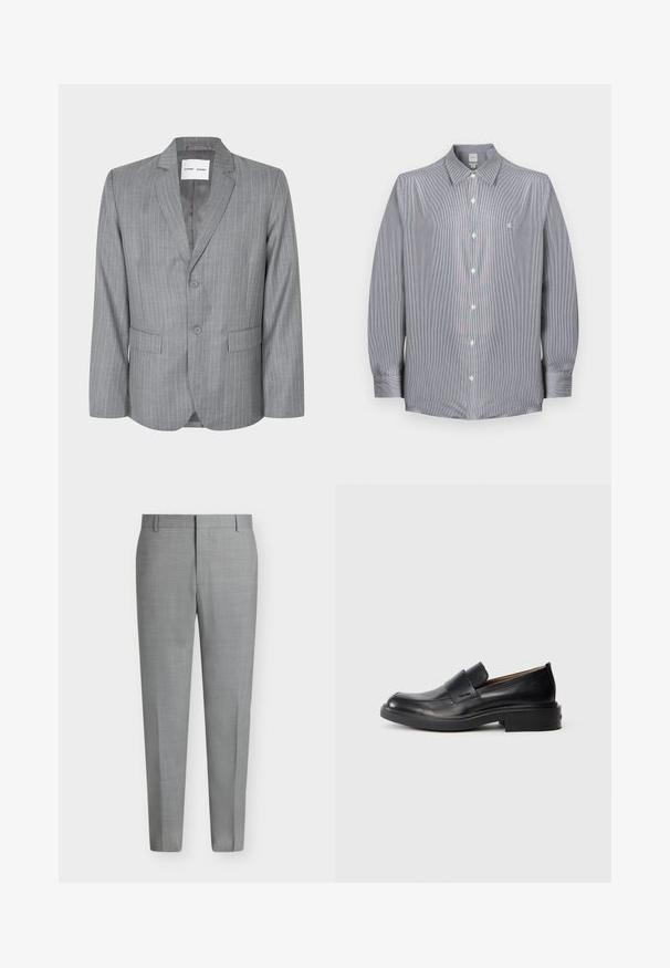 Blazer gris à rayures fines avec un design à boutonnage simple, deux poches avant et un col cranté. Doublure intérieure lisse, fermeture à deux boutons.; Chemise à manches longues pour homme avec fines rayures grises et blanches, col pointu, et petit logo blanc brodé sur la poitrine.; Pantalon de costume gris clair sur mesure avec passants de ceinture, devant plat et coupe droite sur fond blanc.; Chaussure habillée noire en cuir, à enfiler, avec un petit talon et un logo Calvin Klein discret sur le côté, présentée de profil sur un fond blanc.
