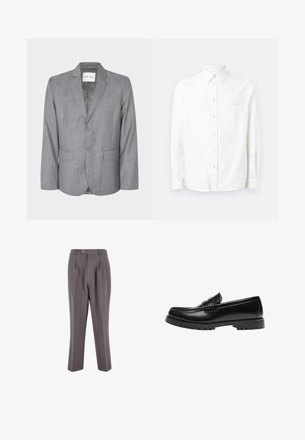Grå slipsstribet blazer med en enkeltbrystet design, to frontlommer og en spidse krave. Glat indvendig foring, lukning med to knapper.; Hvid langærmet skjorte med knaplukning lavet af letvægtsstof. Har en frontlomme, klassisk krave og subtil tekstur.; Grå plisserede bukser lavet af glat stof, med lige ben-design, en enkelt knaplukning og skrå sidelommer.; Sort læderloafer med en kraftig gummisål og klassiske penny-strap detaljer, vist fra ydersiden.