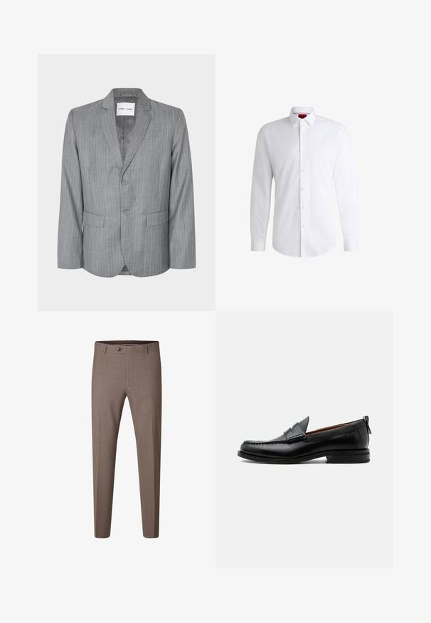 Grau gestreifter Blazer mit einem einreihigen Design, zwei vorderen Taschen und einem Reverskragen. Glattes Innenfutter, Zwei-Knopf-Verschluss.; Weißes Herrenhemd aus glattem Stoff mit klassischem Kragen, langen Ärmeln und abgerundetem Saum. Mit eleganten beigen Knöpfen an der Vorderseite.; Braune Slim-Fit formelle Hose mit Knopf und Gürtelschlaufen, vor weißem Hintergrund dargestellt.; Schwarzer Leder-Herrenschuh mit Mokassinnaht, Penny-Riemen, strukturiertem Kragen und niedrigem gestapeltem Absatz auf weißem Hintergrund.