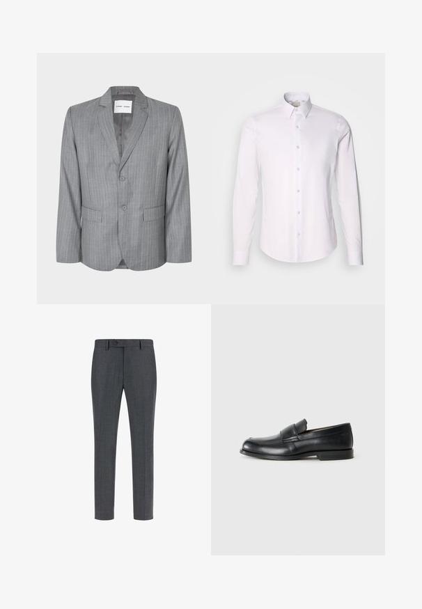 Blazer gris à rayures fines avec un design à boutonnage simple, deux poches avant et un col cranté. Doublure intérieure lisse, fermeture à deux boutons.; Chemise blanche à manches longues en tissu lisse avec un col boutonné, présentant un plastron entièrement boutonné et un ourlet arrondi.; Pantalons ajustés gris foncé en laine mélangée texturée, avec une taille plate, des poches latérales et une fermeture à bouton unique. Design slim fit.; Mocassins en cuir noir avec un bout rond, des détails cousus et une semelle en caoutchouc plate. Présentent une large bande sur le cou-de-pied.