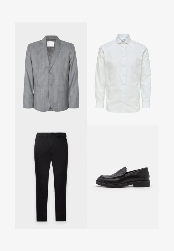 Grau gestreifter Blazer mit einem einreihigen Design, zwei vorderen Taschen und einem Reverskragen. Glattes Innenfutter, Zwei-Knopf-Verschluss.; Weißes Hemd mit langen Ärmeln, durchgeknöpft vorne und spitzem Kragen, vor weißem Hintergrund dargestellt.; Schwarze Slim-Fit-Hose mit Knopf- und Reißverschluss, Gürtelschlaufen und ohne sichtbare Taschen, gezeigt vor weißem Hintergrund.; Schwarze Lederloafer mit abgerundetem Zeh, farblich abgestimmtem Nähen und einem Riemendetail an der Vorderseite. Gummi-Sohle mit niedrigem Absatz.