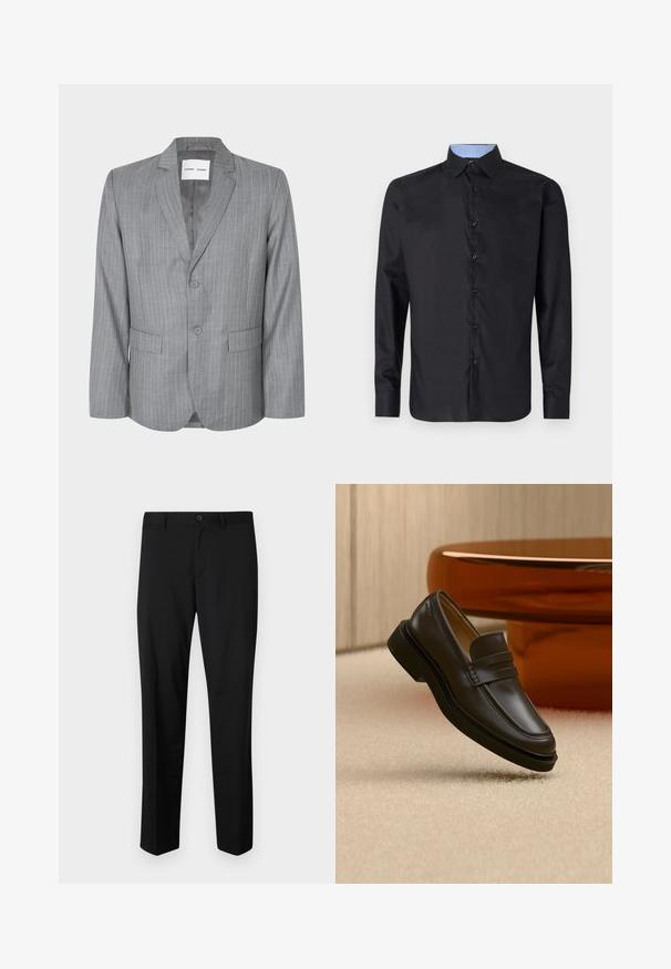 Blazer gris à rayures fines avec un design à boutonnage simple, deux poches avant et un col cranté. Doublure intérieure lisse, fermeture à deux boutons.; Chemise noire à manches longues en tissu lisse, avec un front boutonné, un col pointu et un col intérieur à carreaux bleu clair.; Pantalons noirs ajustés avec une coupe plate, taille standard et jambes droites. Fabriqués en tissu lisse, dotés d'une fermeture à un bouton.; Mocassin en cuir noir flottant au-dessus d'un tapis beige avec des meubles arrondis marron en arrière-plan.