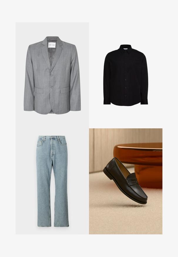 Grau gestreifter Blazer mit einem einreihigen Design, zwei vorderen Taschen und einem Reverskragen. Glattes Innenfutter, Zwei-Knopf-Verschluss.; Schwarzes, langärmeliges Hemd aus glattem Stoff mit Knöpfen. Verfügt über einen klassischen Kragen, eine vordere Knopfleiste und ein kleines Logo auf der Brust.; Helles blaues Denim-Jeans mit hoher Taille, weit geschnittenen geraden Beinen und einfacher Naht. Verfügt über fünf Taschen und einen klassischen Knopfverschluss.; Schwarzer Leder-Loafer, der über einem hellbeigen Teppich schwebt, mit bernsteinfarbenen modernen Möbeln im Hintergrund.