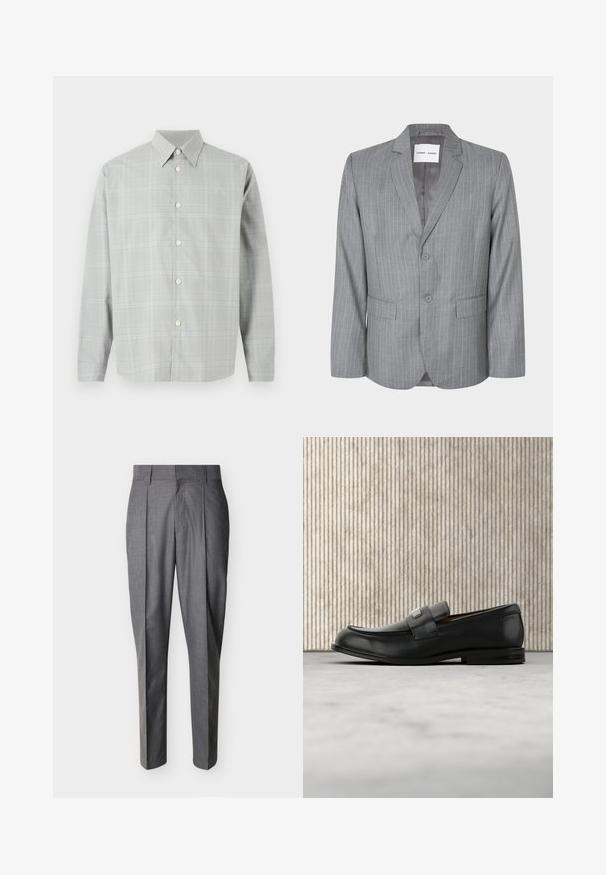 Grijze blazer met streepdessin, met een enkelvoudige knopening, twee voorkruiken en een gelapt kraag. Glad binnenvoering, sluiting met twee knopen.; Grijze lange mouwen shirt met een licht geruit patroon, knopen aan de voorkant, puntige kraag en een gladde stofstructuur.; Grijze op maat gemaakte pantalon met plooien en riemlussen, plat weergegeven tegen een witte achtergrond.; Zwarte leren loafer met een metalen merktekenplaatje, rustend bij een bruine ronde tafel op een beige tapijtvloer.