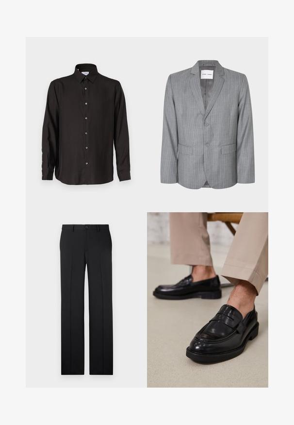 Grå slipsstribet blazer med en enkeltbrystet design, to frontlommer og en spidse krave. Glat indvendig foring, lukning med to knapper.; Sort langærmet skjorte lavet af glat stof, med knaplukning foran, spidse krave og afrundet kant med kontrasterende knapper.; Sorte, skræddersyede bukser med lige ben, glat stof, pressefolder foran og en enkelt knaplukning i taljen.; Sorte lædermokkasiner med en glat overflade, der har en dekorativ rem og kontraststing, parret med beige bukser.