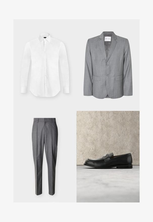 Blazer gris con rayas finas, diseño de un solo botón, dos bolsillos frontales y cuello con muesca. Forro interior suave, cierre de dos botones.; Camisa blanca de vestir de manga larga con botones y cuello puntiagudo, colocada perfectamente plana sobre un fondo gris claro.; Pantalones de vestir grises a medida con pinzas y trabillas para cinturón, mostrados extendidos sobre un fondo blanco.; Mocasín de cuero negro con una placa metálica de marca apoyado cerca de una mesa redonda marrón sobre un suelo alfombrado beige.