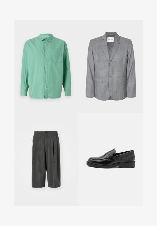 Blazer gris à rayures fines avec un design à boutonnage simple, deux poches avant et un col cranté. Doublure intérieure lisse, fermeture à deux boutons.; Chemise verte à boutons, manches longues, en coton, avec une poche poitrine unique, coupe décontractée, texture subtile et col classique.; Shorts larges à rayures gris avec fermeture à bouton et plissé à l'avant. Fabriqués à partir d'un tissu texturé, présentant un design ajusté.; Mocassins en cuir noir avec une finition lisse, un bout rond, un petit talon et descoutures décoratives à l'avant. Semelle en caoutchouc pour l'adhérence.