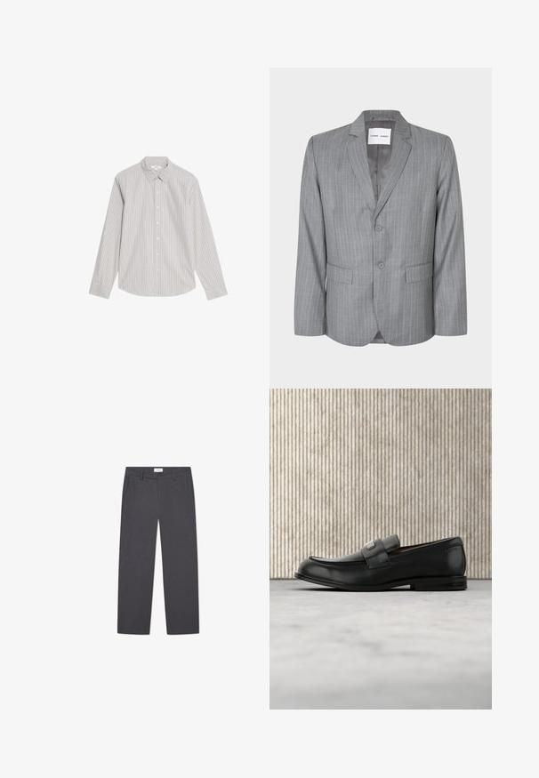 Grå slipsstribet blazer med en enkeltbrystet design, to frontlommer og en spidse krave. Glat indvendig foring, lukning med to knapper.; Marks & Spencer STRIPED OXFORD - Skjorter - natural mix; Grå, lige benbukser lavet af let stof, med to forlommer og lynlåsgylf med knaplukning.; Sort læderloafer med metalbrandskilt hvilende nær et brunt rundt bord på beige tæppe.