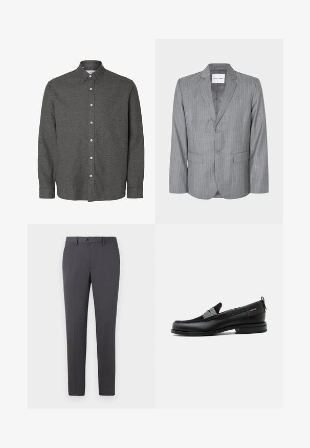 Grijze blazer met streepdessin, met een enkelvoudige knopening, twee voorkruiken en een gelapt kraag. Glad binnenvoering, sluiting met twee knopen.; Donkergrijs overhemd met lange mouwen, knopen, een puntige kraag en witte knopen aan de voorzijde in het midden.; Grijze broek gemaakt van gladde stof, met een rechte pasvorm, knoopsluiting, riemlussen en zijzakken. Eenvoudig en functioneel ontwerp.; Zwarte leren loafer met grijs riemdetailelement, lage hak en gestructureerde zool, aan de zijkant gebrandmerkt met "HUGO" in goud.