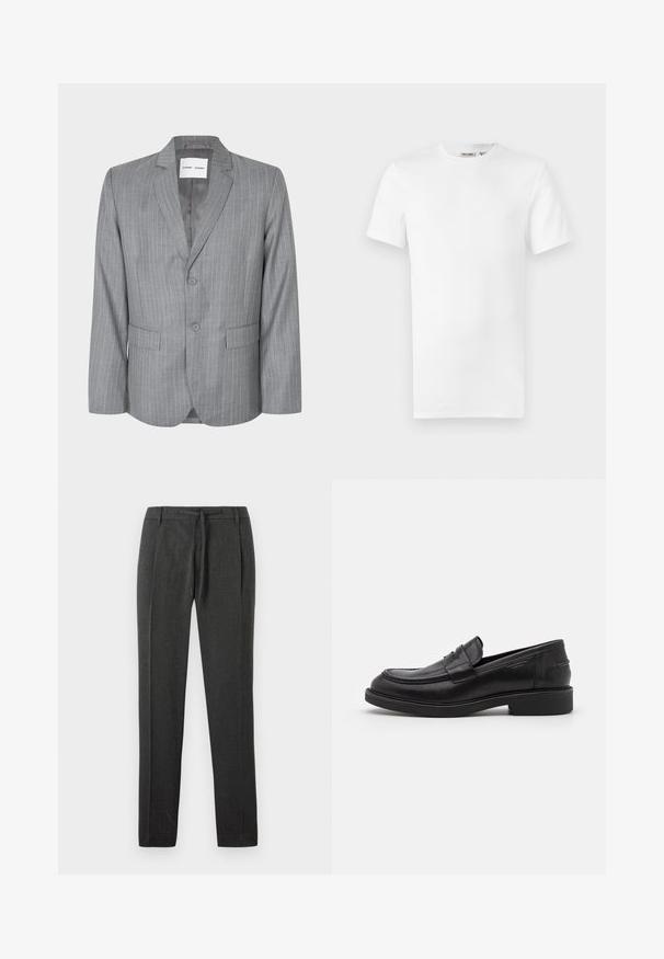Grau gestreifter Blazer mit einem einreihigen Design, zwei vorderen Taschen und einem Reverskragen. Glattes Innenfutter, Zwei-Knopf-Verschluss.; Ein schlichtes weißes T-Shirt mit kurzen Ärmeln und Rundhalsausschnitt, mit einem kleinen Markenetikett im Krageninneren, auf weißem Hintergrund dargestellt.; Dunkelgraue Hose aus strukturiertem Stoff, mit geradem Bein, vorderem Bundfalten und verstellbarem Gummibund. Keine sichtbaren Taschen oder Akzente.; Schwarze Lederloafer mit abgerundetem Zeh, farblich abgestimmtem Nähen und einem Riemendetail an der Vorderseite. Gummi-Sohle mit niedrigem Absatz.