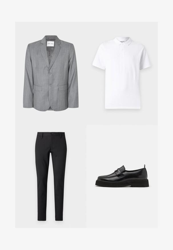 Blazer gris à rayures fines avec un design à boutonnage simple, deux poches avant et un col cranté. Doublure intérieure lisse, fermeture à deux boutons.; Polo shirt blanc avec un col classique, une patte de boutonnage à deux boutons, des manches courtes et un petit logo sur la poitrine. Fabriqué en tissu lisse.; Pantalons à rayures noires avec une coupe plate, ajustée, dotés d'une fermeture boutonnée et de passants de ceinture, fabriqués dans un matériau textile lisse.; Chaussures en cuir noir de style mocassin avec une semelle plate et texturée, présentant un bout piqué et une sangle traversant le cou-de-pied.