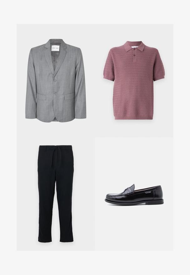 Grå slipsstribet blazer med en enkeltbrystet design, to frontlommer og en spidse krave. Glat indvendig foring, lukning med to knapper.; Kortærmet polo-shirt i mauve med et struktureret zigzag-mønster, en spids krave og to knapper på placket. Blødt strikkemateriale.; Sorte bukser lavet af blødt stof med elastisk talje, lige ben og simpel kant uden lommer eller udsmykninger.; Sorte læderloafer med en blank finish, der har et syet mønster på tåen og en lav, tekstureret sort gummisål.