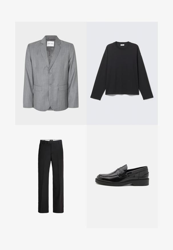 Blazer gris à rayures fines avec un design à boutonnage simple, deux poches avant et un col cranté. Doublure intérieure lisse, fermeture à deux boutons.; Chemise noire à manches longues avec col rond, coupe simple et ample, présentée à plat sur un fond gris clair.; Pantalon noir avec une coupe ajustée ; présente un devant lisse, deux poches latérales et une texture douce ; fabriqué à partir d'un matériau léger et respirant.; Mocassins en cuir noir avec une finition lisse, un bout rond, un petit talon et descoutures décoratives à l'avant. Semelle en caoutchouc pour l'adhérence.