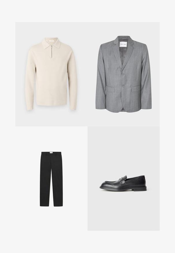 Grå slipsstribet blazer med en enkeltbrystet design, to frontlommer og en spidse krave. Glat indvendig foring, lukning med to knapper.; Beige langærmet sweater med krave og en kort lynlås foran, vist på hvid baggrund.; Sorte bukser med lige ben-design, lavet af stof med en glat tekstur, med to forlommer og en standard talje.}}; Sorte læder loafers med en struktureret finish, der har en dekorativ frontrem og en rundet tå. Gummisål for holdbarhed.