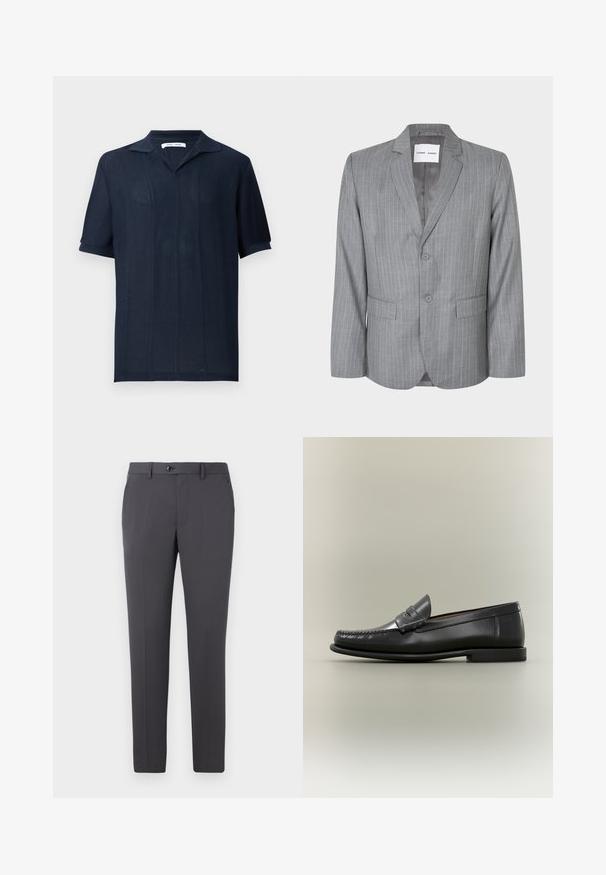 Blazer gris con rayas finas, diseño de un solo botón, dos bolsillos frontales y cuello con muesca. Forro interior suave, cierre de dos botones.; Samsøe Samsøe SATRAVIS POLO - Polo - salute; Pantalones grises de tejido suave, con un corte recto, cierre de botón, pasadores para cinturón y bolsillos laterales. Diseño simple y funcional.; Mocasín de hombre de cuero negro con diseño moc-toe, tira de tipo penny y tacón bajo sobre fondo neutro.