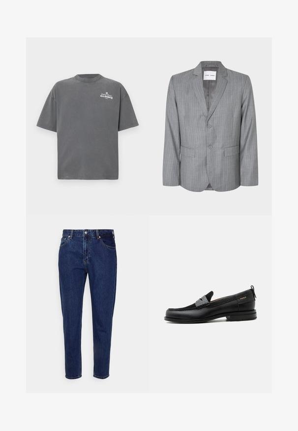Blazer gris à rayures fines avec un design à boutonnage simple, deux poches avant et un col cranté. Doublure intérieure lisse, fermeture à deux boutons.; T-shirt gris foncé à manches courtes et col rond avec petit logo blanc « ALLSAINTS » sur la partie supérieure gauche de la poitrine.; Jean droit en denim bleu foncé avec fermeture à bouton et zip à l'avant, passants pour ceinture, poches avant et arrière.; Mocassin en cuir noir avec détail de bride grise, talon bas et semelle texturée, marqué "HUGO" en or sur le côté.