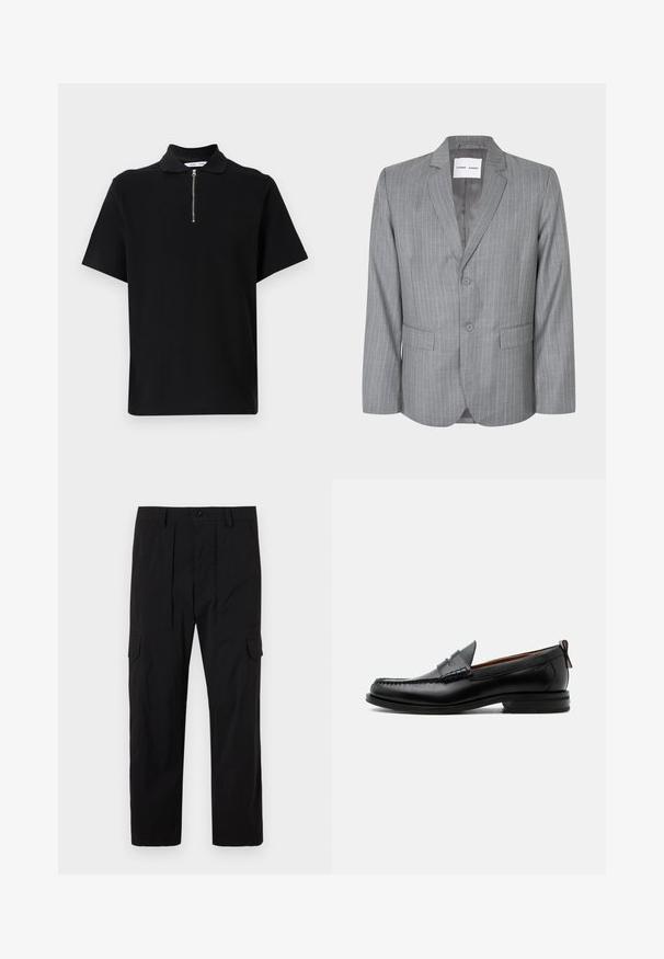 Blazer gris con rayas finas, diseño de un solo botón, dos bolsillos frontales y cuello con muesca. Forro interior suave, cierre de dos botones.; Polo negro de manga corta hecho de tela suave, con cuello con cremallera y un diseño limpio y minimalista sin patrones adicionales.; Pantalones cargo negros hechos de tejido ligero, con un diseño de pierna recta, pliegues delanteros, bolsillos laterales y cierre de botón.; Mocasín de hombre de piel negra con costura moc toe, tira penny, cuello texturizado y tacón bajo apilado sobre fondo blanco.