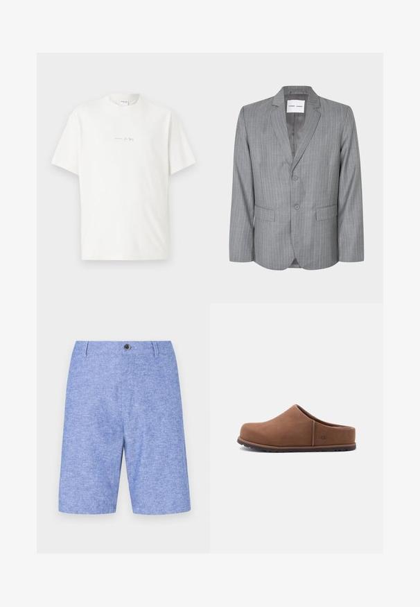 Grå slipsstribet blazer med en enkeltbrystet design, to frontlommer og en spidse krave. Glat indvendig foring, lukning med to knapper.; Hvid bomulds T-shirt med rund hals, korte ærmer og et lille trykt logo på forsiden. Glat tekstur og afslappet pasform.; Lysblå shorts i et tekstureret materiale med knaplukning fortil og sidelommer, i en lige skæring og knælangt design.; Brun slip-on træsko med rundet tå, blød overdel og UGG-logo på siden, vist mod en ensartet lys grå baggrund.