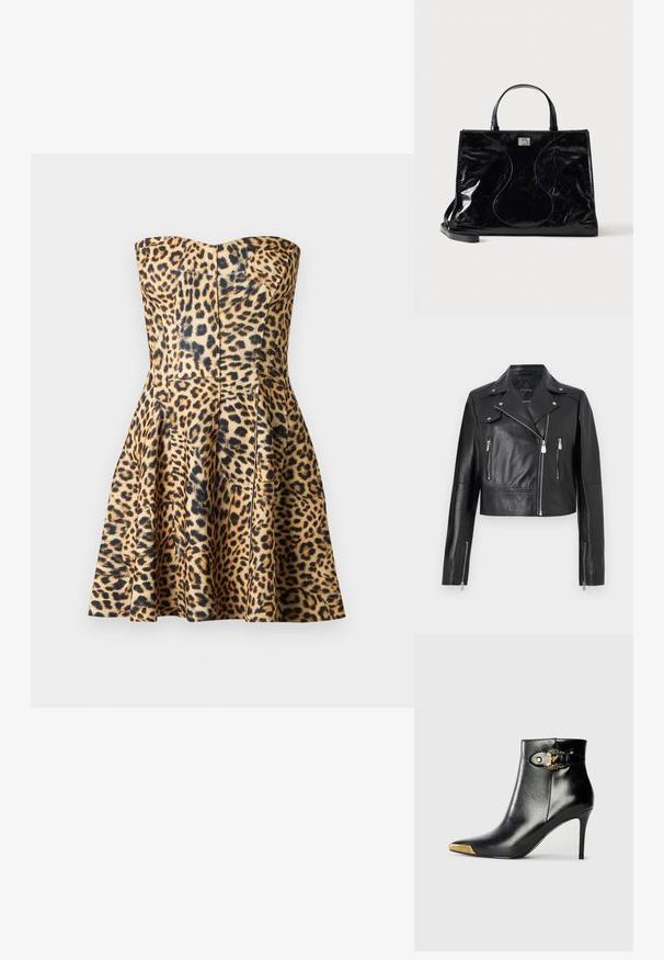Casaco de couro preto estilo biker cropped com detalhes de zíper prateado nos bolsos frontais, zíper assimétrico frontal e punhos das mangas.; Vestido sem alças com padrão de pele de leopardo, apresentando corpete justo e saia rodada, feito de tecido liso com manchas pretas e castanhas sobre um fundo bege.; Botim preto até ao tornozelo em couro brilhante, com bico fino, salto agulha e fivelas decorativas em tom dourado.; Mala de mão em pele preta brilhante com pegas curtas, alça de ombro destacável e detalhes subtis de costura curva na frente.