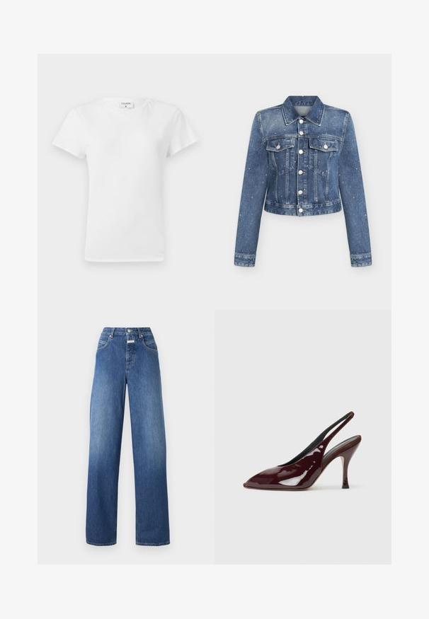 Veste en jean bleu à manches longues, boutonnée sur le devant, deux poches poitrine et petits éclaboussures de peinture blanche partout.; T-shirt en coton blanc avec un col rond et des manches courtes, présentant une coupe décontractée et un design minimaliste. Étiquette visible au niveau du cou.; Jean large en denim bleu avec une taille haute, comportant deux poches avant, une fermeture à bouton et un léger dégradé de couleur.; NEOUS HAMAL - Escarpins à talons hauts - dark chocolate