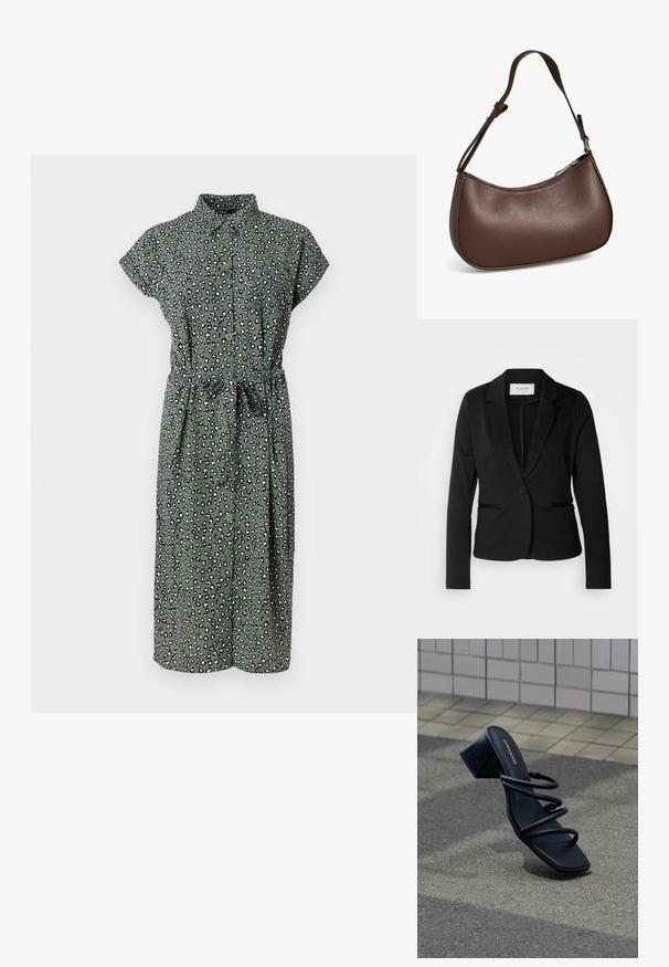 Sort blazer med klassisk revers, enkelt knaplukning og to forlommer. Fremstillet af et glat stof med en skræddersyet pasform.; Grøn skjorte-kjole med leopardmønster, korte ærmer, taljebånd og knælang kant. Lavet af letvægtsstof med en blød tekstur.; Sort sandal med firkantet tå, tre tynde stropper og blokhæl på fortov nær flisebelagt væg.; Lille brun skuldertaske i læder med justerbar rem og lynlåslukning, vist mod hvid baggrund. Ingen synligt branding eller dekorationer.